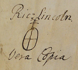 "True copy" and signature of the Bishop of Lincoln on the unification document [P107/1/1]
