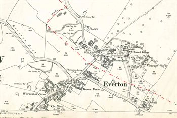 The village of Everton in 1901 - note the county boundary shown in red